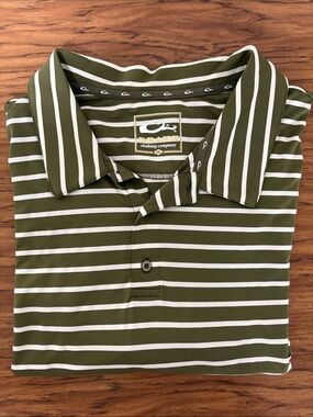 Drake Olive Green and White Striped Polo Shirt